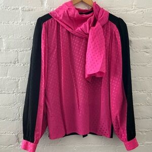Vintage Jerri Sherman Blouse 100% Silk Pink Black Dot Print Attached Scarf